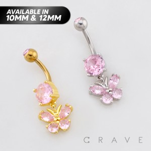 MULTI CZ BUTTERFLY DANGLE BELLY BUTTON NAVEL RING 316L SURGICAL STEEL